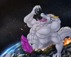 4_arms 5:4 abs anthro closed_eyes cosmic_background destruction dragon ear_frill erection frill_(anatomy) fur furred_dragon furred_scalie genitals grey_body grey_fur hair holding_planet horn macro male male_anthro multi_arm multi_limb muscular muscular_anthro muscular_male mythological_creature mythological_scalie mythology nude open_mouth pecs penis planet planet_destruction purple_penis purple_tongue scalie solaxe_(artist) solo space space_background star tongue tongue_out vein veiny_penis white_frill white_hair yellow_horn