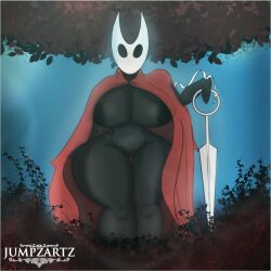 areola areola_slip ass big_ass big_breasts big_butt black_eyes breasts bug_girl cloak female girl grey_body hollow_knight horn hornet_(hollow_knight) jumpzartz outerwear outerwear_only pose pussy revealing_clothes silksong thick_thighs thighs useless_clothing weapon white_mask