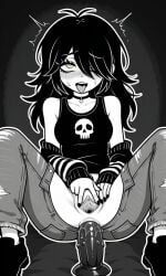 ahe_gao ai_generated black_hair black_shirt black_tank_top blush clothed cowgirl_position dildo dildo_in_pussy dildo_penetration female female femdom julia_(the_coffin_of_andy_and_leyley) large_dildo long_hair masturbation open_mouth pussy riding riding_penis sweat sweatdrop the_coffin_of_andy_and_leyley tifti vaginal_penetration vaginal_sex yellow_eyes