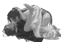 2boys ahoge alternate_hairstyle anal arms_around_neck bare_legs barefoot black_hair black_hanfu blush bound bound_wrists boy_on_top chinese_clothes closed_eyes clothes_pull feet greyscale hair_down hanfu highres hug implied_sex lan_wangji leg_lock legs_up long_hair long_sleeves looking_at_another lying male_focus missionary modao_zushi monochrome multiple_boys on_back open_mouth pants pants_pull qiba_bamb robe saliva sash sex simple_background spread_legs sweat tears thigh_grab topknot very_long_hair wei_wuxian white_background white_hanfu wide_sleeves yaoi