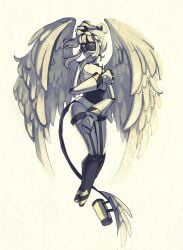 angel_wings breasts color digital_media_(artwork) female full_body hands_on_breasts hands_on_pussy j_(murder_drones) legs_together murder_drones nude pussy robot_girl tail wholesome_nudity wings