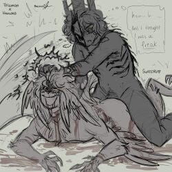 2025 2boys 2d 2d_(artwork) 2d_artwork anal anal_insertion anal_sex avian avian_feet avian_humanoid blood clawed_fingers claws cuts digital_drawing_(artwork) digital_media_(artwork) english_text eroguro eye_roll fire_ring fluffy_hair forsaken forsaken_(roblox) gay gay_sex gore gray_background grey_background guro hacklord_shedletsky hair halo human humanoid male masochism masochist mirrorship pleasure pleasure_face pleasured roblox roblox_game robloxian rolling_eyes selfcest signature smile smiling swateru telamon thought_bubble wings wings_on_head