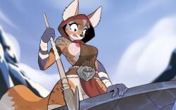 16:10 2025 5_fingers anthro areola askart big_breasts blue_spots bodily_fluids breasts brown_body brown_fur brown_tail canid canine clothed clothed_anthro clothed_female clothing cloud countershade_torso countershading detailed digital_drawing_(artwork) digital_media_(artwork) exposed_breasts female fingers fox fur genitals green_eyes hi_res holding_melee_weapon holding_object holding_polearm holding_spear holding_weapon hood inner_ear_fluff looking_down mammal markings melee_weapon nipple_slip nipples outside polearm pose pussy side_boob sky solo spear spots spotted_body spotted_fur sweat sweatdrop tail tongue tongue_out tuft vulva weapon widescreen
