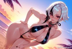 ai_generated arlecchino_(genshin_impact) balecxi beach black_hair breasts female genshin_impact hand_on_own_hip large_breasts looking_at_viewer navel one-piece_swimsuit outdoors patreon_username slingshot_swimsuit smile solo streaked_hair sunset swimsuit symbol-shaped_pupils thighs wet white_hair x-shaped_pupils