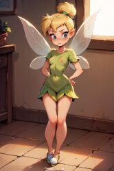 ai_generated angel_wings arms_behind_back bathroom bathtub blonde_hair blue_eyes blue_wings blush breasts brick_wall butterfly_wings closed_mouth covered_navel covered_nipples disney disney_fairies dress fairy fairy_wings female full_body green_dress green_footwear green_wings hand_on_hip indoors insect_wings leaf medium_breasts mini_wings minigirl nipples peter_pan_(disney) plant pointy_ears potted_plant see-through short_hair small_breasts solo standing tile_floor tile_wall tiles tinker_bell transparent_wings wall white_wings wings