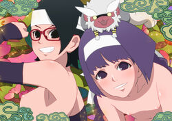 2girls areolae black_eyes black_hair blush boruto:_naruto_next_generations braid breasts female female_only glasses headband human kakei_sumire long_hair multiple_girls naruto nipples nude nue_(boruto) purple_eyes purple_hair sarada_uchiha short_hair small_breasts smile