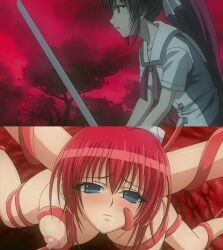 animated before_and_after blue_eyes blush bondage bouncing_breasts bound breasts clenched_teeth closed_eyes corruption female inyouchuu inyouchuu_shoku large_breasts nipples object_insertion ponytail red_hair restrained shiratori_mikoto spread_legs stomach_bulge teeth tentacle tentacle_sex