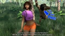 1boy 1girls 3d 3d_(artwork) 3d_render backpack balaclava big_penis breaking_the_fourth_wall brown_hair crop_top daz3d daz_studio dialogue dora_and_the_lost_city_of_gold dora_marquez dora_the_explorer english english_dialogue english_text female fourth_wall fourth_wall_broken imminent_rape isabela_merced jungle male male_pubic_hair mask mask_only masked_male midriff mouse_cursor muscular muscular_male nude nude_male oofoe orange_shorts outdoors penis pink_shirt self_upload short_hair shorts ski_mask subtitled sweat sweating sweaty talking_to_viewer tan-skinned_female tan_skin