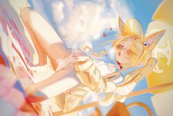 absurdres animal_ears barefoot beach_umbrella blonde_hair blue_archive breasts commentary covered_nipples cross_halo dutch_angle female female_masturbation fingering fingering_through_clothes fox_ears fox_girl halo heart heavy_breathing highres hsch jacket long_hair long_sleeves masturbation multi_ear official_alternate_costume one-piece_swimsuit open_mouth outdoors pink_eyes red-tinted_eyewear seia_(blue_archive) seia_(swimsuit)_(blue_archive) side_ponytail sidelocks small_breasts solo spread_legs sunglasses swimsuit through_clothes tinted_eyewear tiptoes umbrella visor_cap white_one-piece_swimsuit yellow-framed_eyewear yellow_halo yellow_jacket yellow_visor