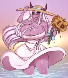 beach beach_hat big_breasts black_sclera dark_eyes flower flowers glasses inkbuns purple_skin solo_female water white_hair yellow_eyes zanna_(character)