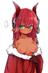 ... bare_shoulders blush breasts chains collarbone dark-skinned_female dark_skin demon_girl done_(donezumi) female female green_eyes highres horns large_breasts long_hair looking_at_viewer nipples original pointy_ears red_hair red_horns simple_background sketch solo spoken_ellipsis white_background