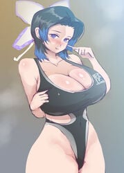 alternate_costume big_breasts black_hair butterfly_hair_ornament chiroru cleavage colored_sketch demon_slayer female female_only highleg highleg_swimsuit huge_breasts kimetsu_no_yaiba kochou_shinobu looking_at_viewer one-piece_swimsuit purple_eyes smile solo swimsuit two_tone_hair