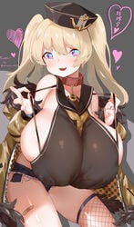 absurdres alternate_breast_size azur_lane bache_(azur_lane) bandaid blonde_hair breasts coat collar cowboy_shot crop_top curvy denim denim_shorts female fur-trimmed_coat fur_trim gigantic_breasts hat heart highres jewelry micro_shorts older petite purple_eyes ring shorts shortstack sideboob single_thighhigh solo thighhighs wowowo-chan