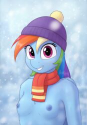 2021 absurd_res anthro areola breasts clothing digital_media_(artwork) equid eyelashes female flat_chested friendship_is_magic grin hasbro hat headgear headwear hi_res irisarco looking_at_viewer mammal mostly_nude my_little_pony nipples rainbow_dash_(mlp) scarf smile smooth_skin