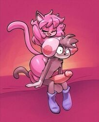 2022 aeris_(vg_cats) anthro anthro_only armpits arms_behind_head bed big_breasts big_penis bigdad blue_boots blush breasts_against_head breasts_bigger_than_head brown_fur cat_ears catgirl closed_eyes erection furry furry_only male/female naked naked_female pink_hair simple_background vg_cats