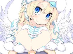 1futa 1girls armor big_breasts blonde_hair blue_eyes blush breasts cleavage closed_mouth clothed clothing elbow_gloves feathered_wings female female_focus frfr futanari futanari_pov gloves highres human implied_futanari implied_paizuri large_breasts light-skinned_female light-skinned_futanari looking_at_viewer mostly_clothed multiple_girls original paizuri pointy_ears pov pov_crotch shoulder_armor smile soft_breasts solo_focus thighhighs white_gloves white_headwear white_legwear white_wings wings