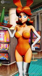 1girls 3d animated big_breasts bouncing_breasts brown_hair bunny_ears bunny_girl bunnysuit busty casino cleavage dancing earrings female female_only flower_earrings grin hand_on_hip hips large_breasts looking_at_viewer mario_(series) nintendo no_sound one_eye_closed open_mouth princess_daisy short_hair shoulder_length_hair smile solo thighhighs thighs video virtualblueam2 waitress