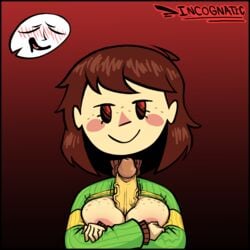 1boy 1girls areolae arms_crossed blush breasts breasts_out brown_hair chara eyes_closed freckles freckles_on_breasts frisk incognatic mob_face open_mouth paizuri penis red_eyes smile sweater titfuck undertale undertale_(series)