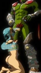 2boys abs breath_of_the_wild buttplug cel_shading dikdoods ganondorf ganondorf_(ocarina_of_time) gay gerudo_link huge_cock kneeling link link_(breath_of_the_wild) mikeymack muscles ocarina_of_time pubic_hair sheikah_slate size_difference the_legend_of_zelda young