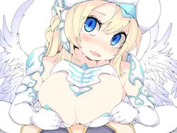 1futa 1girls armor big_breasts blonde_hair blue_eyes blush breasts cleavage clothed clothing cum cum_on_body cum_on_breasts elbow_gloves facial feathered_wings female female_focus frfr futanari futanari_pov gloves highres human implied_futanari implied_paizuri large_breasts light-skinned_female light-skinned_futanari looking_at_viewer mostly_clothed multiple_girls open_mouth original paizuri pointy_ears pov pov_crotch shoulder_armor soft_breasts solo_focus thighhighs white_gloves white_headwear white_legwear white_wings wings