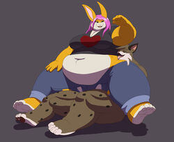 1boy 1girls anthro clothing duo felid feline female hair jiggly_(kazecat) kazecat kazecat_(character) lagomorph leporid lynx male male/female mammal obese overweight rabbit