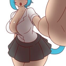 blue_hair breasts camera_view cat_tail cleavage female hips loose_shirt manyakis nicole_watterson nicole_watterson_(human) no_bra open_shirt pov selfie_pose skirt the_amazing_world_of_gumball the_amazing_world_of_gumball_(human) transparent_background