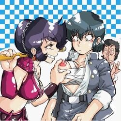 1boy 2girls bandage benten black_hair blush eyebrows_visible_through_hair female_focus frown grin large_breasts lowres nipple nipple_play nipple_slip ryuunosuke_fujinami short_hair urusei_yatsura v yukimura_(soxhunter)