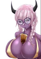 1girls bangs between_breasts big_breasts black_sclera boba_tea braid braided_hair braids breasts bubble_tea bubble_tea_challenge busty color dark_eyes drink drinking drinking_straw eyebrows_visible_through_hair eyewear female female_only female_solo glasses horns large_breasts nipple_bulge object_between_breasts only_female purple_body purple_skin round_glasses shirohaku96 simple_background solid_color_background solo solo_female solo_focus straw straw_in_mouth sweat sweating sweaty sweaty_breasts tea tied_hair twin_braids white_background white_hair yellow_eyes yellow_iris zanna_(character)