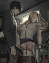 akira_kurusu ann_takamaki blonde_hair blue_eyes ejaculating_cum ejaculation ejaculation_while_penetrated femsub janggun leash male penetration penis persona persona_5 pubic_stubble pussy pussy_lips pussy_penetration pussy_stubble sex vagina vaginal_insertion vaginal_penetration vaginal_sex wet_pussy