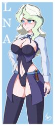 alternate_costume belly big_breasts blue_eyes blushing cameltoe diana_cavendish dmitry_77 large_breasts little_witch_academia luna_nova_school_uniform revealing_clothes school_uniform skirt thick_thighs two_tone_hair