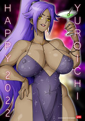 1girls 2022 alternate_breast_size alternate_costume bleach bracelet brown_skin center_opening character_name commentary curvaceous curvy curvy_figure dark-skinned_female dark_skin dress drink erect_nipples erect_nipples_under_clothes fancy female female_only glass happy_new_year holding_object hourglass_figure jewelry lipstick makeup martini martini_glass necklace new_year nipples no_bra no_panties pelvic_curtain pinup plump ponytail purple_dress purple_hair revealing_clothes shihouin_yoruichi slim_waist solo text tied_hair tight_clothing visible_nipples witchking00 yellow_eyes