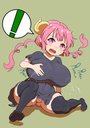 accidental_lactation black_thighhighs blush horns huge_breasts ilulu_(dragon_maid) kobayashi-san_chi_no_maidragon lactation lactation_through_clothes miss_kobayashi's_dragon_maid oomaeda pink_eyes pink_hair sharp_teeth shortstack slit_pupils spoken_exclamation_mark thick_thighs twintails