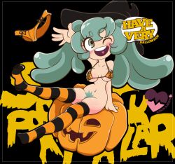 blush cinnamon6 english_text engrish eyelashes female green_hair green_pubic_hair halloween hatsune_miku jack-o'-lantern open_mouth orange_bra orange_panties panties panties_removed pubic_hair pumpkin solo striped_legwear thick_eyebrows thrown_panties vocaloid wink