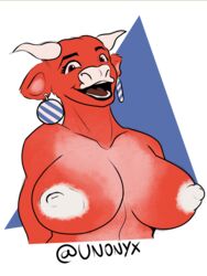 absurd_res anthro big_breasts bovid bovine breasts bust_portrait cattle ear_piercing female fur hands_behind_back hi_res horn laugh laughing_cow mammal nipples piercing portrait red_body red_fur smile solo the_laughing_cow unonyx white_nipples