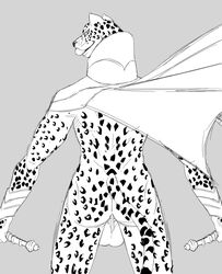 a-side anthro armor ass balls cape cape_only clothing dagger daggers felid gauntlets genitals gloves handwear hi_res leopard licking looking_at_viewer looking_back male mammal melee_weapon mostly_nude nude ose_(megami_tensei) pantherine rear_view solo tongue tongue_out weapon