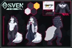 abstract_background absurd_res anthro ass balls black_body black_fur black_penis canid canine canis cel_shading chart close-up clothed clothing coat color_swatch digitigrade domestic_dog dress_pants dress_shirt erection eye_shot fluffy fluffy_tail fur genitals german_shepherd hair hand_on_hip height_chart herding_dog hi_res humanoid_genitalia humanoid_penis logo long_hair looking_back looking_down male mammal measuring model_sheet narrowed_eyes neck_tuft necktie outline pastoral_dog paws penis penis_close-up pose rear_view red_outline shaded shirt solo standing star sv3n sven_(sv3n) topwear tuft vest white_body white_fur white_tail yellow_eyes