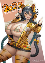 1girls absurd_res areola_slip areolae big_breasts bikini_top blush braid braided_hair breasts cat_ears cat_tail catgirl curvy dark_hair fangs female female_only hi_res hoodie huge_breasts last_origin long_hair looking_at_viewer massive_breasts new_year obui pale-skinned_female pale_skin poi_(last_origin) solo thick_thighs thighhighs thighs tiger_print wink year_of_the_tiger