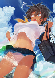 bag black_hair blue_eyes blue_sky breasts dark-skinned_female dark_skin day female female kurokoshi_you medium_breasts midriff navel original rainbow school_uniform serafuku short_hair sky solo sunlight surprised water