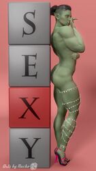 1girls 3d artist_name artsbynacho ass blocks covering_breasts daz_studio dimples_of_venus english_text facial_scar feet female female_only footwear full_body green_skin hair_bun high_heels highres humanoid leg_chains muscles muscular_female nude orc orc_female original pink_background pink_heels pinup pointy_ears posing scar side_view solo standing text thick_thighs toes tusks undercut watermark yellow_eyes