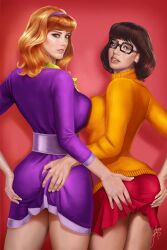 2girls arion69 ass_grab daphne_blake hanna-barbera looking_at_viewer looking_back scooby-doo velma_dinkley