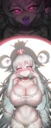 1girls 2019 angry arms_up ass_visible_through_thighs bad_id before_and_after belly blush boo_(mario) boosette breasts choker cleavage crown cute dated dress eyebrows_visible_through_hair fangs female female_focus flashlight frilled_dress gloves glowing glowing_eyes highres huge_breasts instant_loss_2koma large_breasts light long_hair long_tongue looking_at_viewer luigi's_mansion mario_(series) massive_breasts navel nervous new_super_mario_bros._u_deluxe opera_gloves panties pink_eyes pixiv pov pov_eye_contact purple_eyes purple_tongue royalty scared scary see-through_clothing see-through_panties shadow shy signature suerte super_crown teeth thigh_gap thighs tongue tongue_out watermark white_dress white_hair white_panties