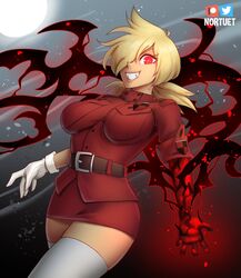 1girls big_breasts blonde_hair breasts clothed clothing female_focus female_only happy_female hellsing hellsing_ultimate hi_res looking_at_viewer medium_hair nortuet red_eyes revealing_clothes seras_victoria simple_background smile solo thighhighs vampire watermark wide_hips