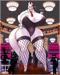 baronflint big_breasts breasts cameltoe canid canine casino cleavage clothed clothing female fishnet fishnet_legwear fur hi_res huge_breasts legwear macro mammal solo white_body white_fur