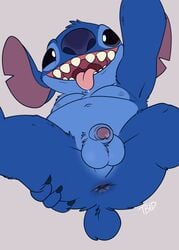 1boy alien anthro anus ass ass_spread balls belly blue_body blue_fur disney experiment_(lilo_and_stitch) flaccid foreskin fur genitals glans hi_res lilo_and_stitch male male_only nipples partially_retracted_foreskin penis precum presenting presenting_anus selfie sharp_teeth slightly_chubby solo spread_butt spread_legs spreading stitch tbid teeth tongue uncut