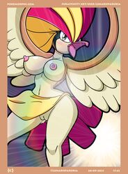 2021 absurd_res anthro anthrofied avian beak bird blush bodily_fluids breasts clothed clothing digital_media_(artwork) female genital_fluids genitals hi_res jojo_pose loincloth_only looking_at_viewer lunaris_parukia navel nintendo nipples no_underwear open_beak open_mouth pidgeot pokémon_(species) pokémorph pokemon pussy pussy_juice solo topless video_games wings