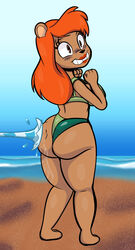 2021 absurd_res anthro ass beach big_breasts big_butt bikini blush breasts brown_body brown_eyes brown_fur butt_squish clothing curvy_figure detailed_background digital_media_(artwork) eyelashes feet female fingers fur hair hi_res julie_bruin lips long_hair mammal orange_hair outside sea seaside smile solo someth1ngoranother squish standing swimwear teeth thick_thighs tiny_toon_adventures toes ursid voluptuous warner_brothers water wet wide_hips