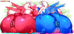 anus ass big_breasts big_butt blush bodily_fluids breasts duo eon_duo female genitals hand_on_butt heart huge_breasts latias latios legendary_duo legendary_pokémon nintendo nipples nude plump_labia pokemon pokemon_(species) pokemon_only presenting presenting_hindquarters pussy rule_63 sweat video_games ymbk