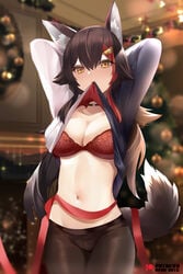 animal_ears black_hair breasts christmas hololive hololive_gamers hololive_japan kananote lifted_by_self lifted_shirt looking_at_viewer mujinbi ookami_mio pantyhose red_bra virtual_youtuber wolf_ears wolf_girl wolf_tail