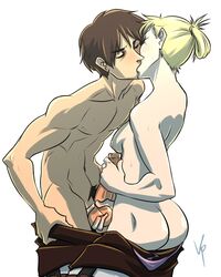 1boy 1girls annie_leonhardt athletic_female athletic_male attack_on_titan blonde_hair blue_eyes ereannie eren_jaeger female female_soldier fit_female fit_male handjob imminent_anal imminent_oral imminent_sex kiss_on_lips kissing kpnsfw male_pubic_hair oral pale-skinned_female pale_skin paradis_military_uniform petite shingeki_no_kyojin skinny slim soldier soldiers straight straight_sex teenager teenagers tied_hair toned_ass toned_female toned_male undressing undressing_self white_background