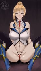 blazblue blazblue_remix_heart blush blushing_at_viewer estella_mckenzie g_string red_panties spread_legs tongue tongue_out